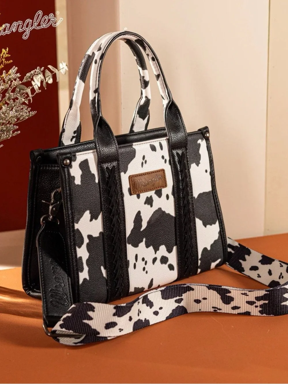 Wrangler Black & White Cow-Print Satchel with Detachable Strap